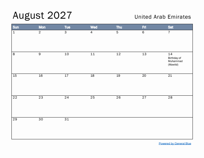 August 2027 Simple Monthly Calendar for United Arab Emirates