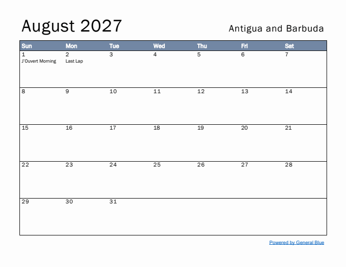 August 2027 Simple Monthly Calendar for Antigua and Barbuda