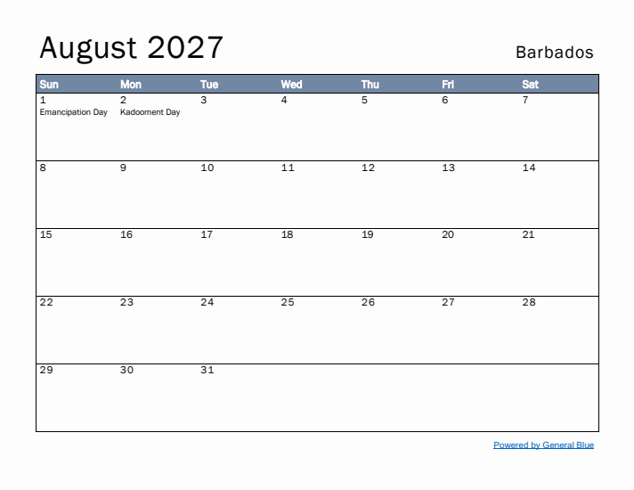 August 2027 Simple Monthly Calendar for Barbados