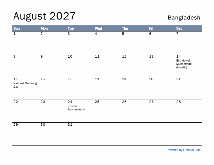 August 2027 Simple Monthly Calendar for Bangladesh