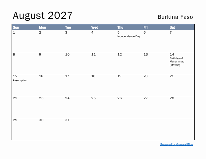 August 2027 Simple Monthly Calendar for Burkina Faso