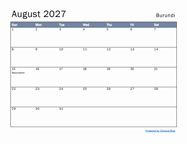 August 2027 Simple Monthly Calendar for Burundi