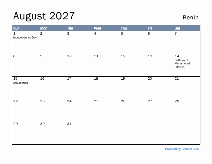 August 2027 Simple Monthly Calendar for Benin