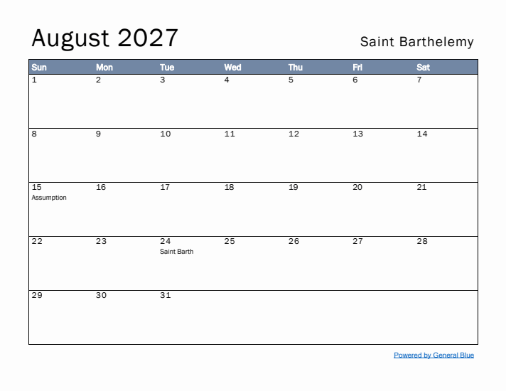 August 2027 Simple Monthly Calendar for Saint Barthelemy