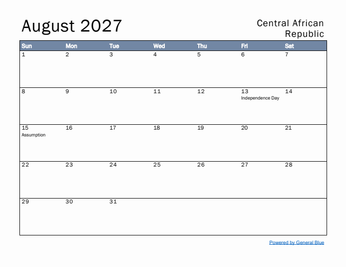 August 2027 Simple Monthly Calendar for Central African Republic