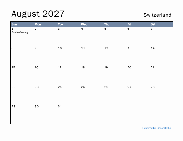 August 2027 Simple Monthly Calendar for Switzerland