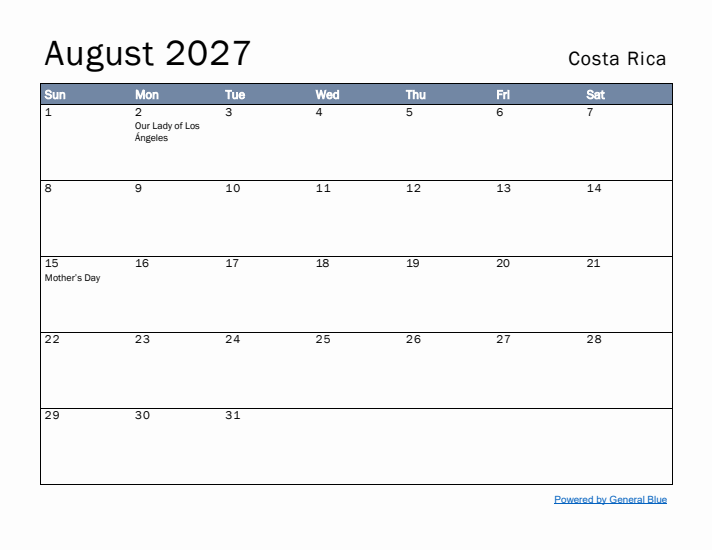 August 2027 Simple Monthly Calendar for Costa Rica