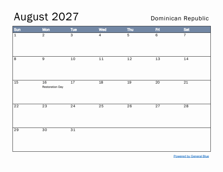 August 2027 Simple Monthly Calendar for Dominican Republic