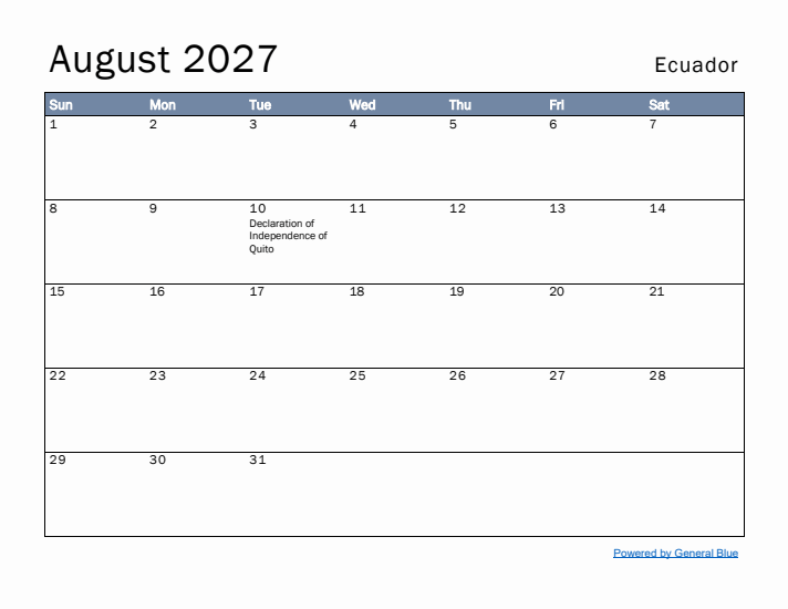 August 2027 Simple Monthly Calendar for Ecuador