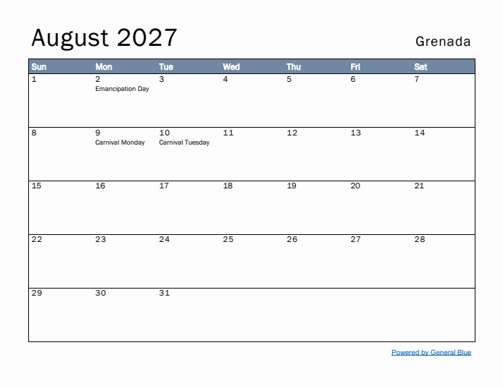 August 2027 Simple Monthly Calendar for Grenada