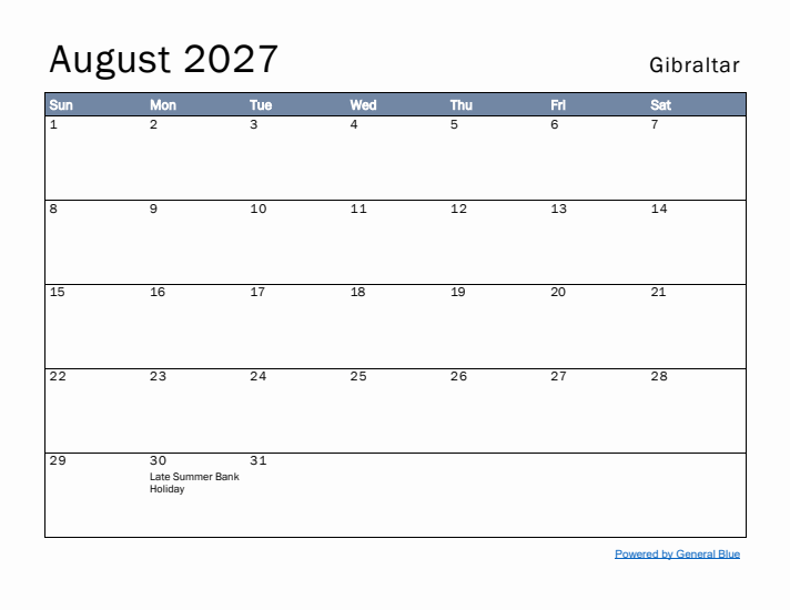 August 2027 Simple Monthly Calendar for Gibraltar