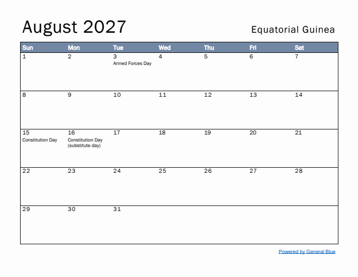 August 2027 Simple Monthly Calendar for Equatorial Guinea