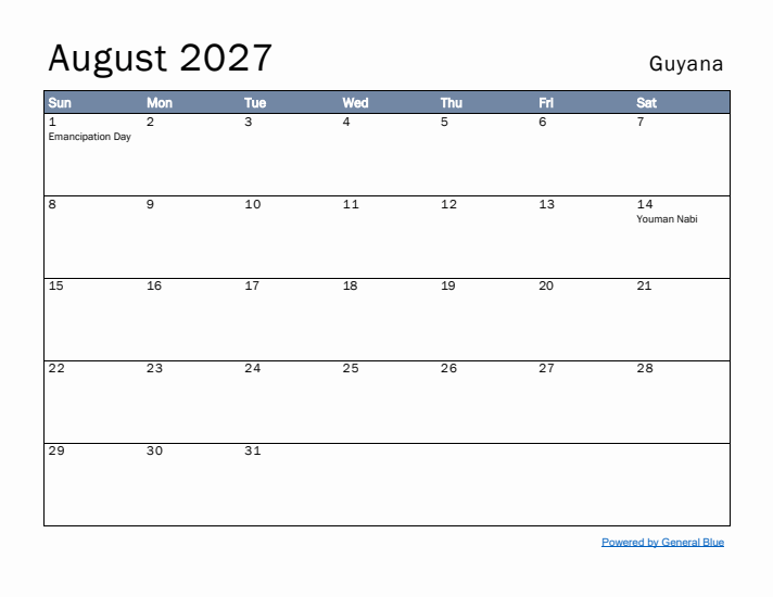 August 2027 Simple Monthly Calendar for Guyana