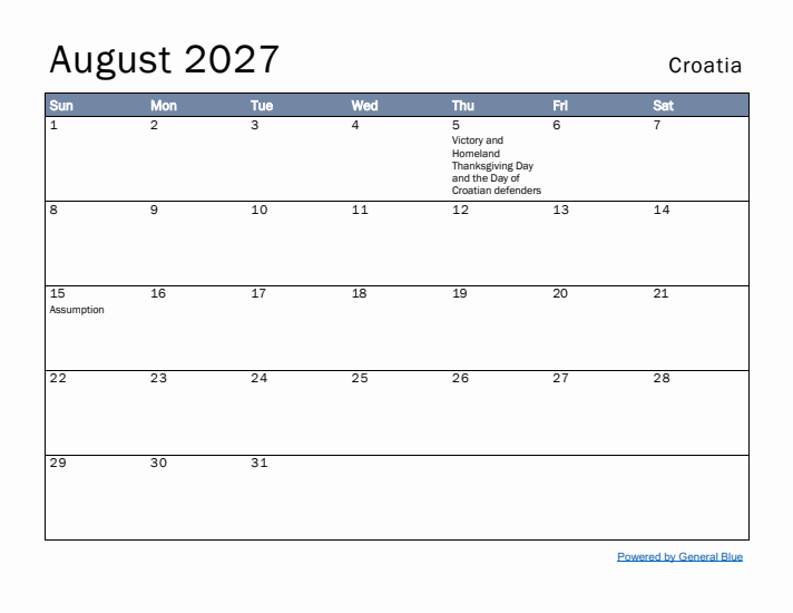 August 2027 Simple Monthly Calendar for Croatia