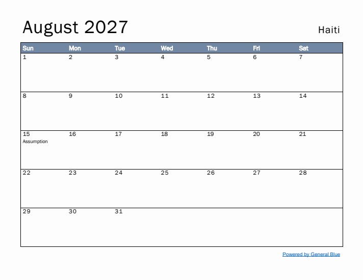 August 2027 Simple Monthly Calendar for Haiti