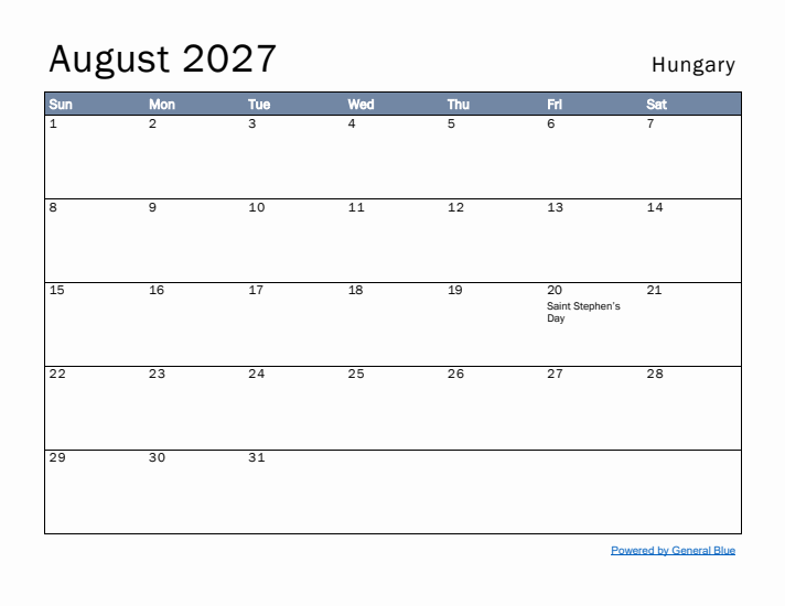 August 2027 Simple Monthly Calendar for Hungary