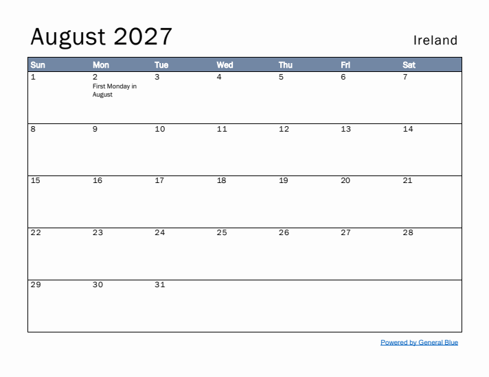 August 2027 Simple Monthly Calendar for Ireland