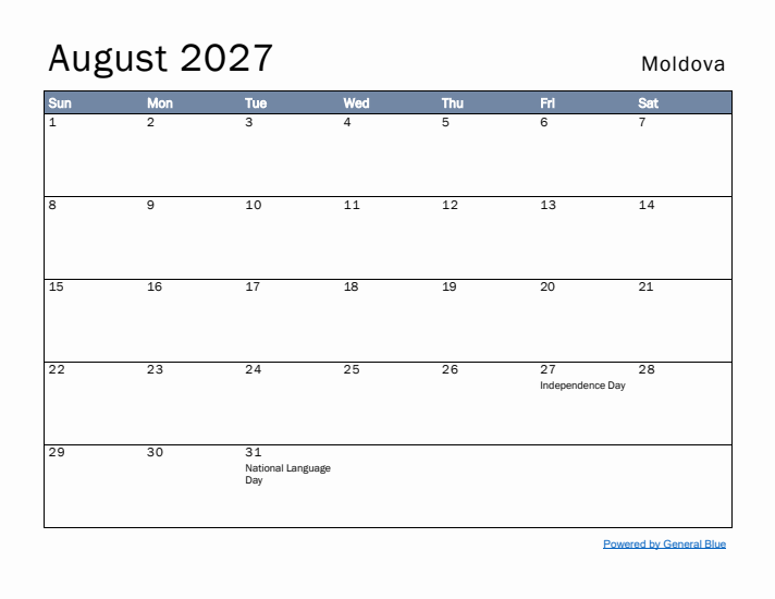 August 2027 Simple Monthly Calendar for Moldova