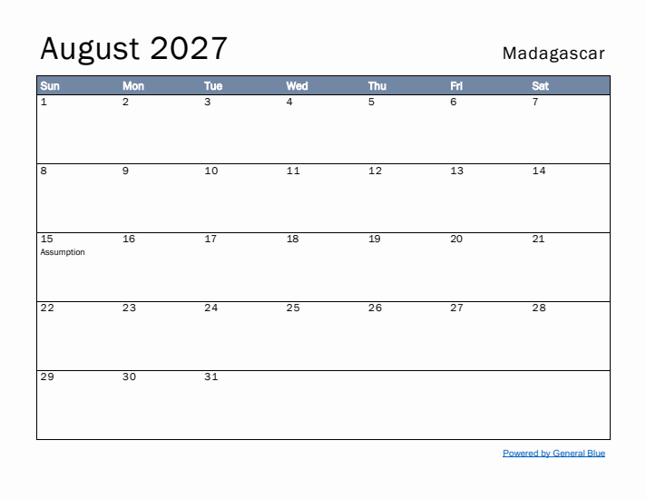 August 2027 Simple Monthly Calendar for Madagascar