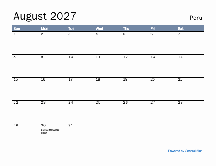 August 2027 Simple Monthly Calendar for Peru