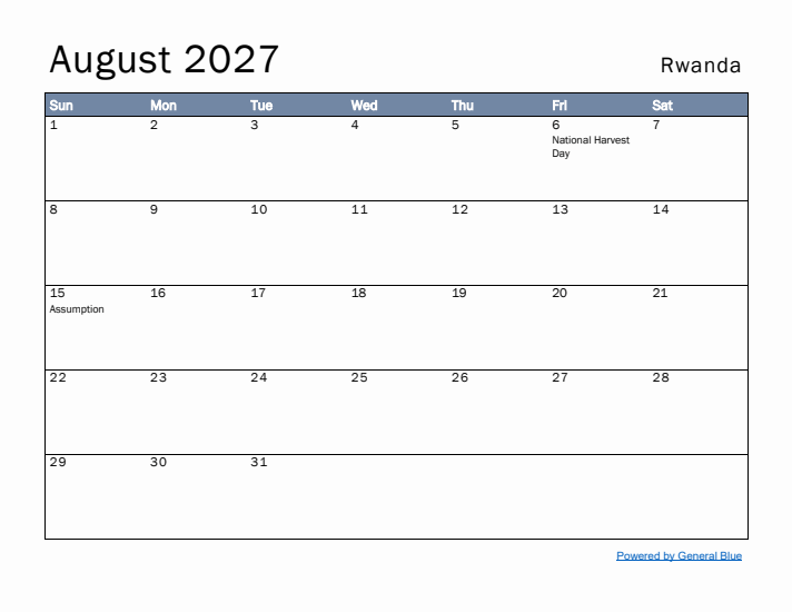 August 2027 Simple Monthly Calendar for Rwanda