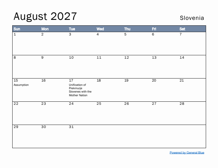 August 2027 Simple Monthly Calendar for Slovenia