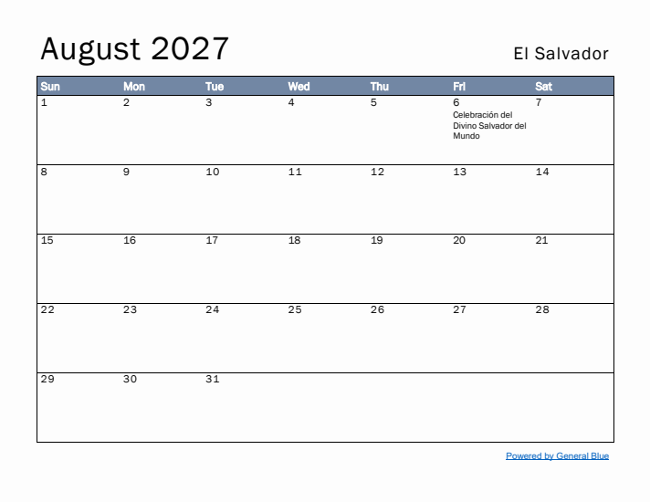 August 2027 Simple Monthly Calendar for El Salvador