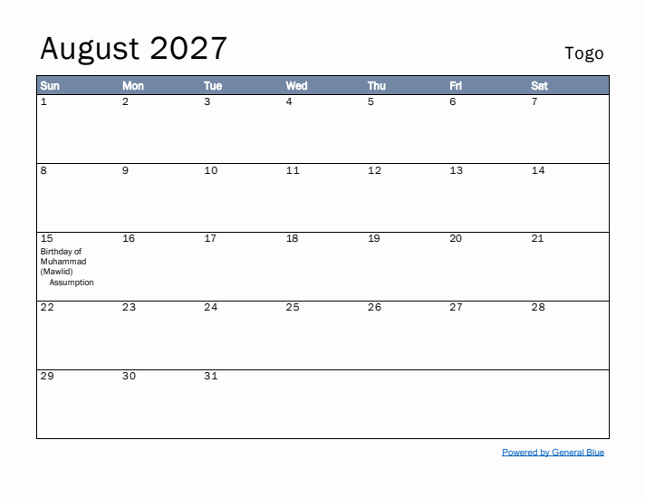 August 2027 Simple Monthly Calendar for Togo