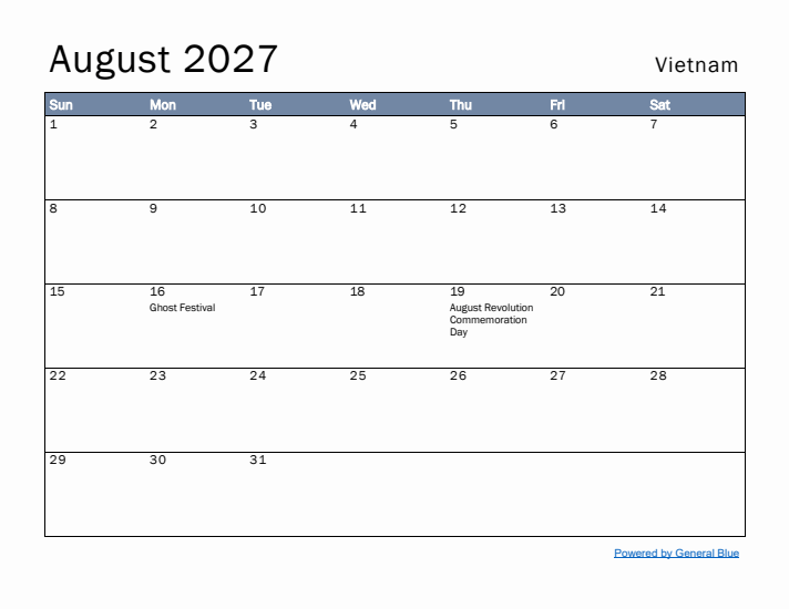 August 2027 Simple Monthly Calendar for Vietnam