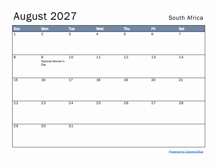 August 2027 Simple Monthly Calendar for South Africa