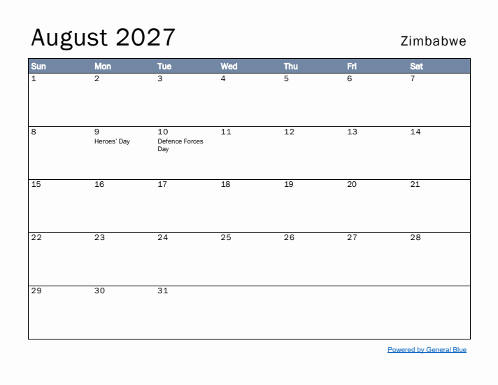 August 2027 Simple Monthly Calendar for Zimbabwe