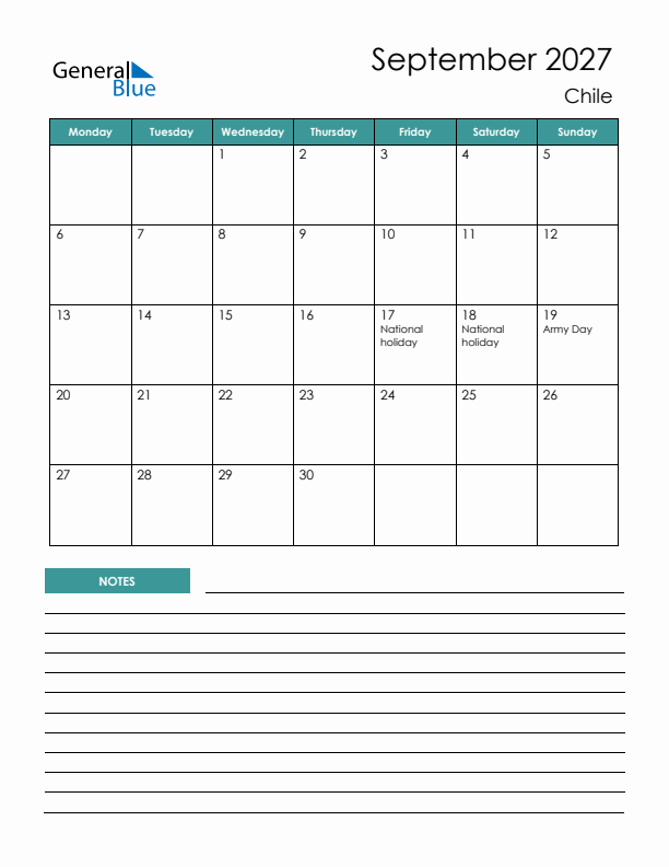 Calendar with Notes Printable - Monday Start