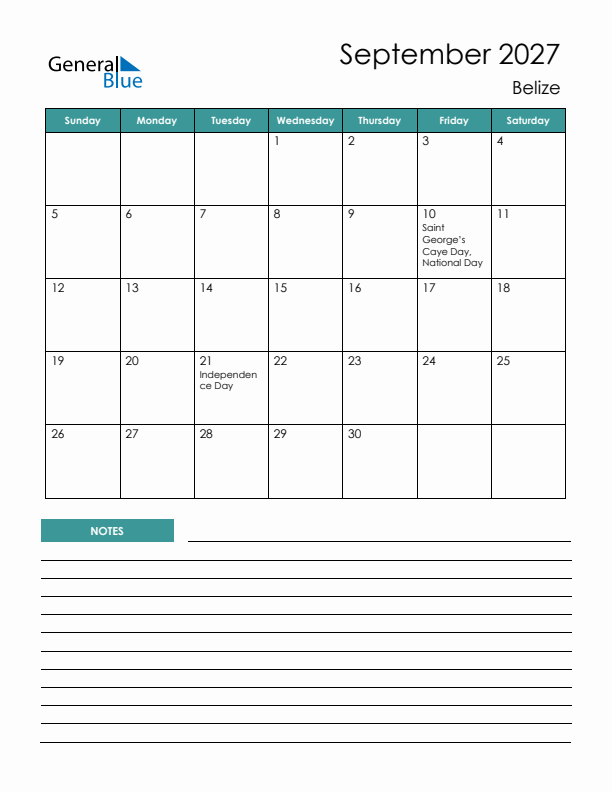 Calendar with Notes Printable - Sunday Start