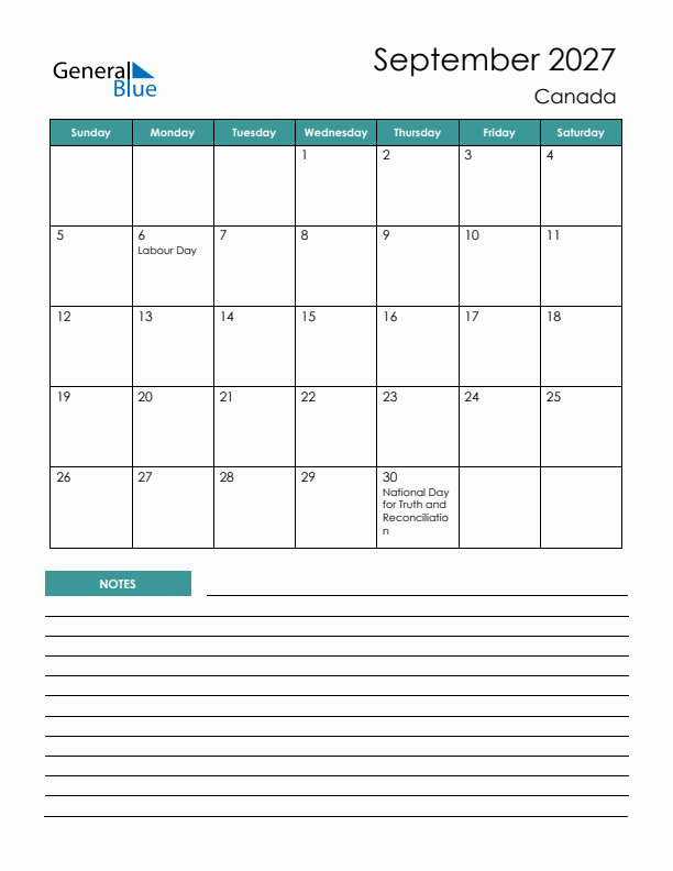 Calendar with Notes Printable - Sunday Start