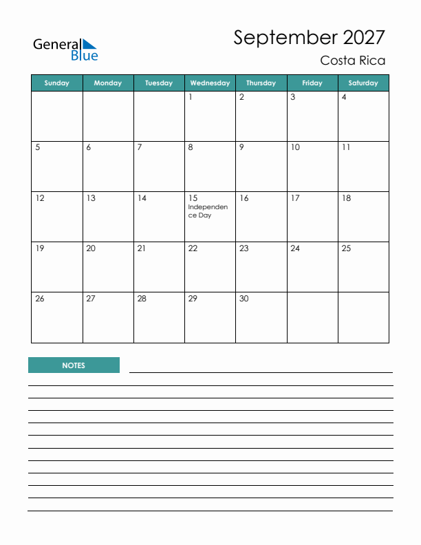 Calendar with Notes Printable - Sunday Start