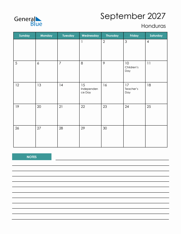 Calendar with Notes Printable - Sunday Start