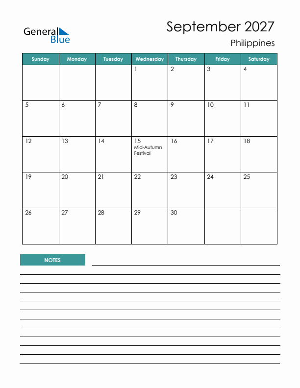 Calendar with Notes Printable - Sunday Start