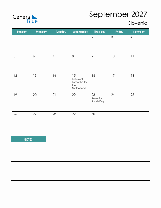 Calendar with Notes Printable - Sunday Start