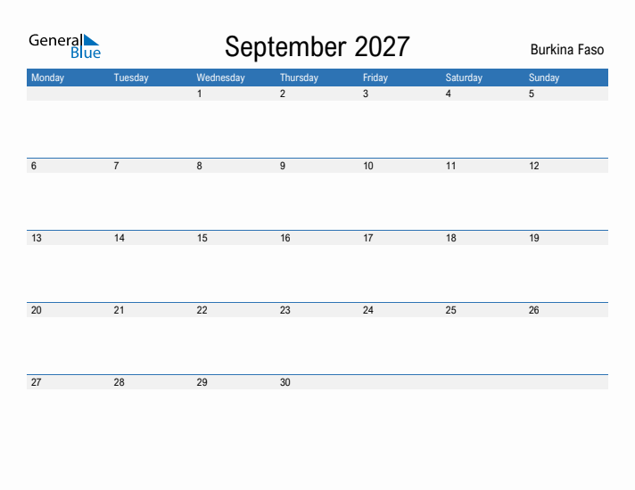 Fillable September 2027 Calendar