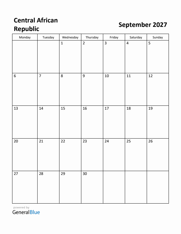 September 2027 Calendar with Central African Republic Holidays