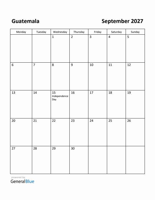 September 2027 Calendar with Guatemala Holidays