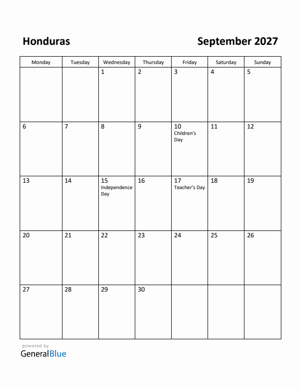 September 2027 Calendar with Honduras Holidays