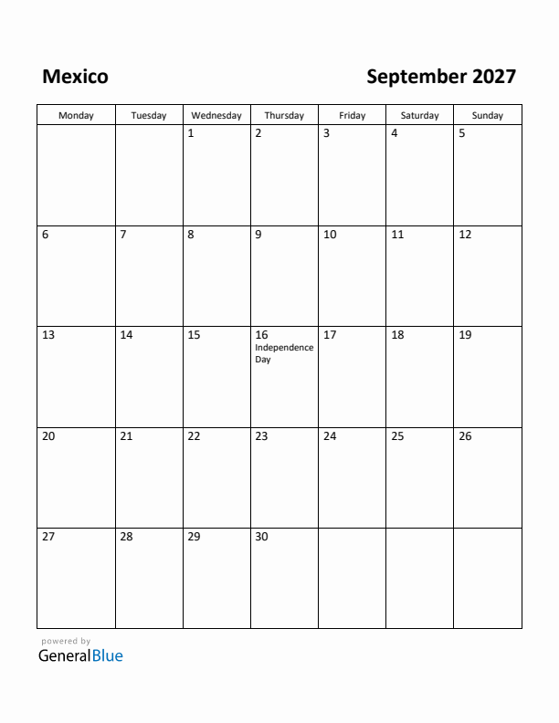 September 2027 Calendar with Mexico Holidays