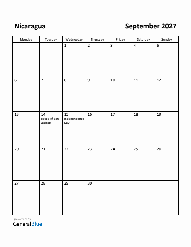 September 2027 Calendar with Nicaragua Holidays