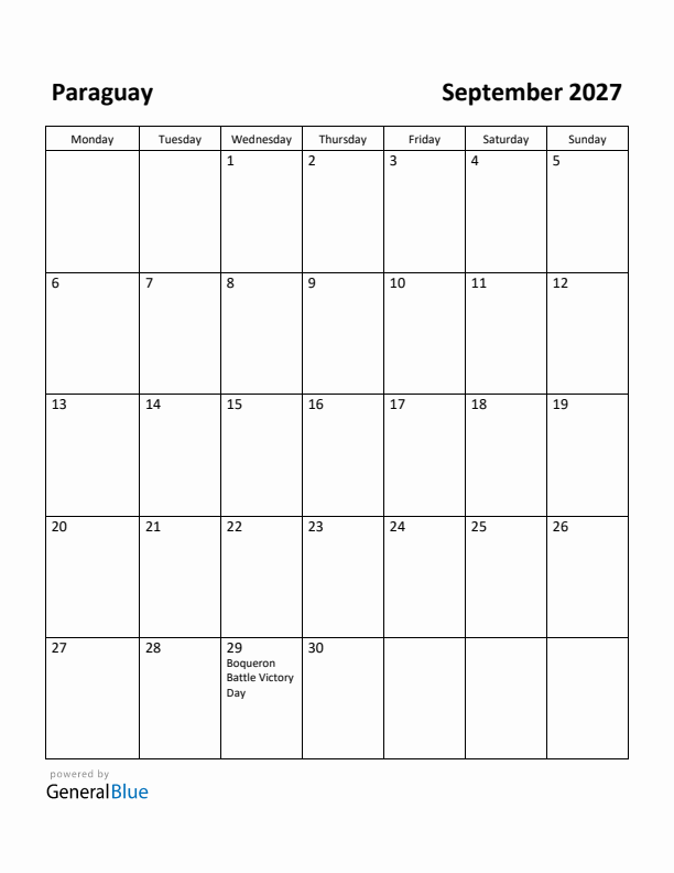 September 2027 Calendar with Paraguay Holidays