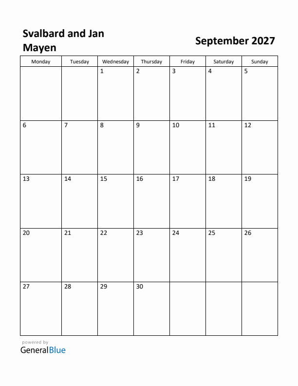 September 2027 Calendar with Svalbard and Jan Mayen Holidays