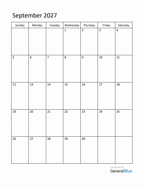 Sunday Start Calendar for September 2027