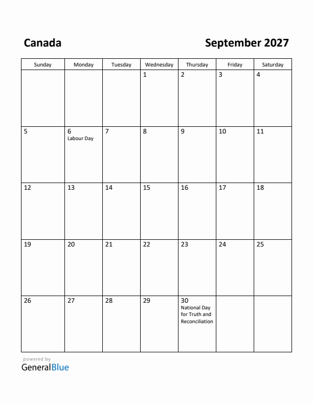 September 2027 Calendar with Canada Holidays