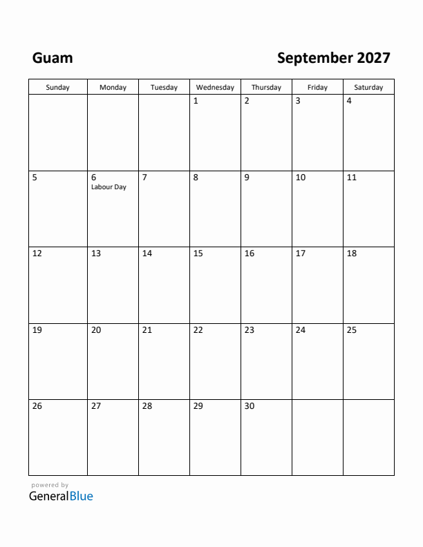 September 2027 Calendar with Guam Holidays