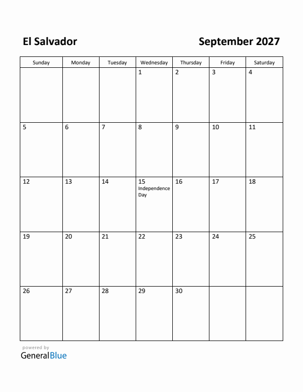 September 2027 Calendar with El Salvador Holidays